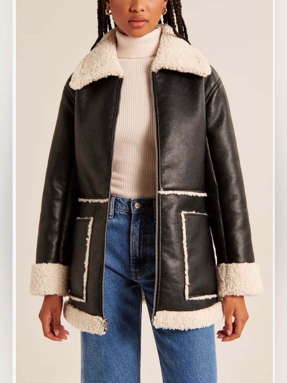 Abercrombie & Fitch Oversized Sherpa-Lined Vegan Leather Coat.